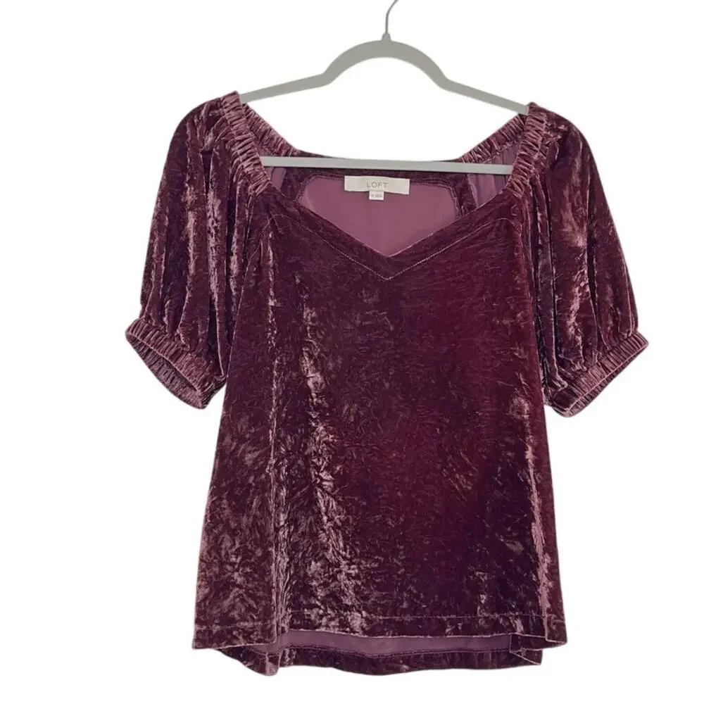Loft Womens Crushed Velvet Sweetheart Neck Puff Sleeve Blouse Size XS Maroon